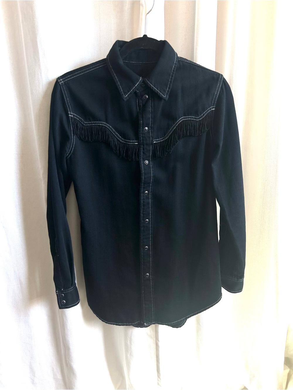 GANNI Fringe Western Shirt Black Contrast Stitch Denim Size EU 34